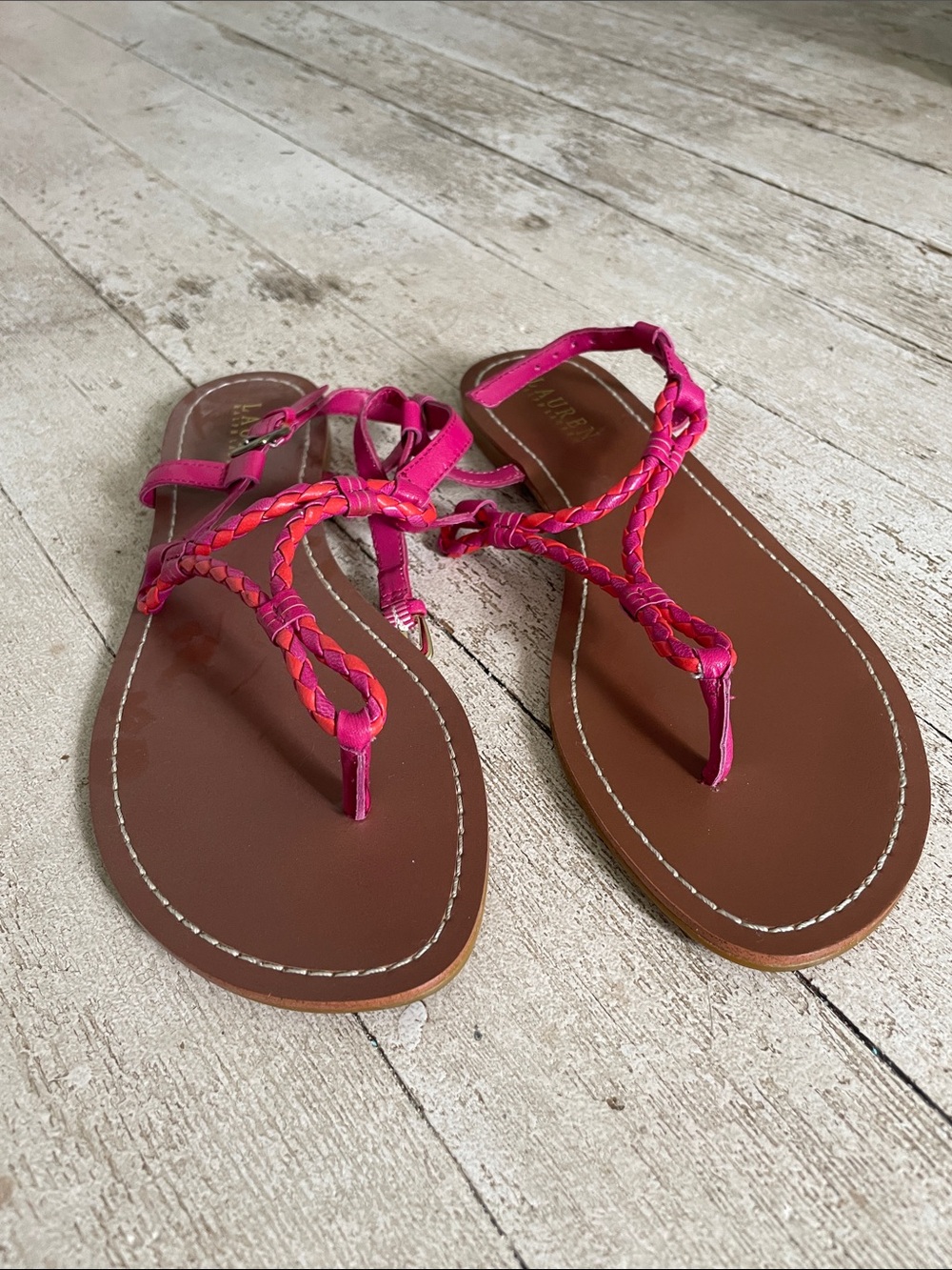 Ralph Lauren Braided Hot Pink Thong Sandals with Brown Footbed